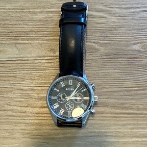 Fossil Men’s Black Leather Strap Chronograph Watch with Silver Case